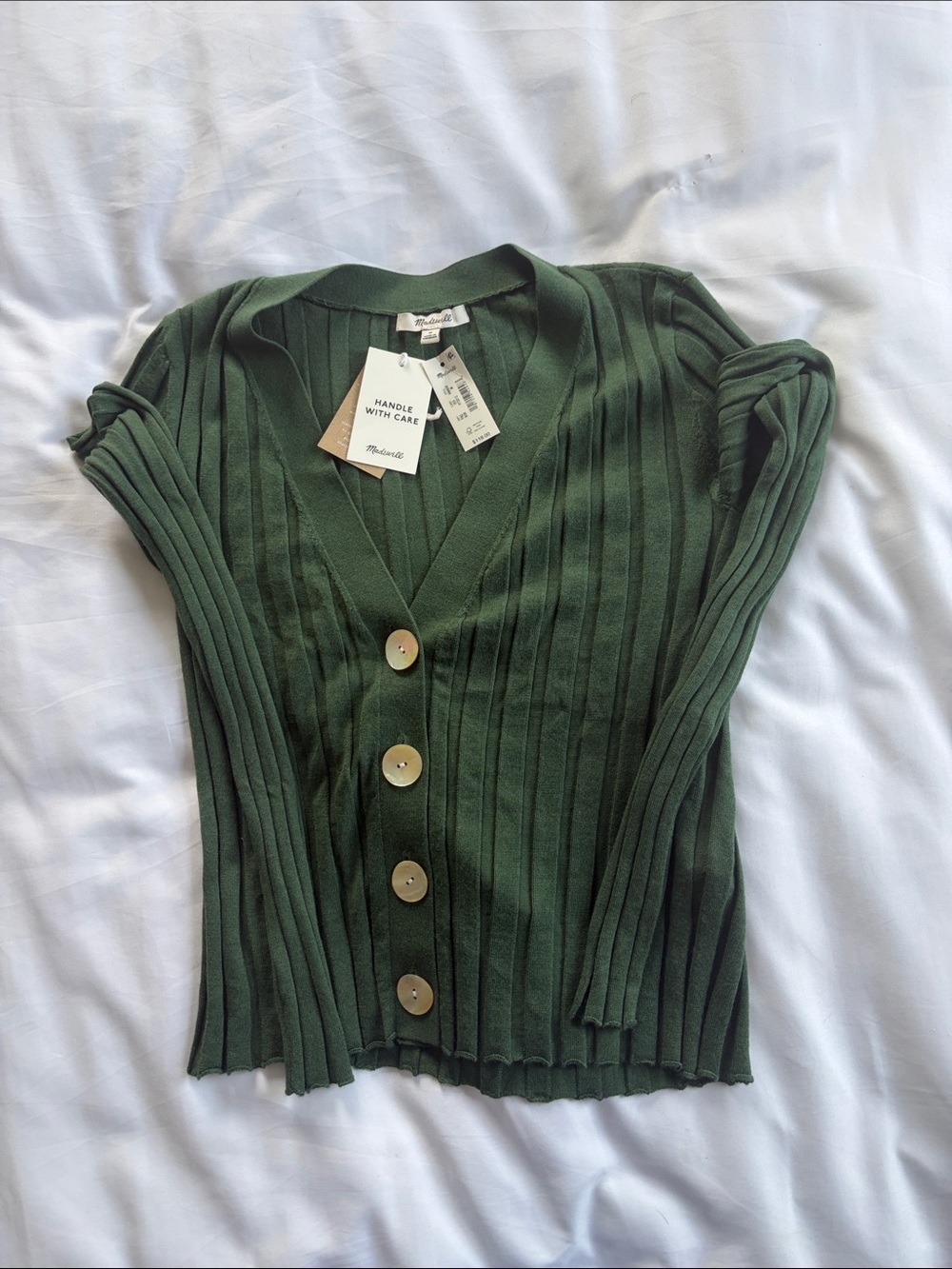 Madewell Dark Green Ribbed Button V‑Neck Cardigan